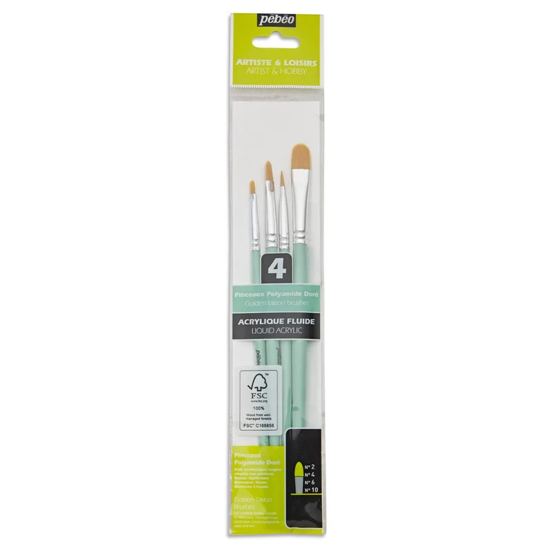 Pebeo - Acrylic Brush set - 4x Short Handle Synthetic Filbert Golden Taklon