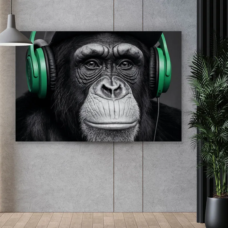 Spannrahmenbild Modernes Affenporträt mit Kopfhörern Querformat