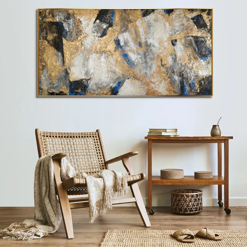 Handgemaltes Acrylbild mit Rahmen Goldener Kontrast Abstrakte Kunst mit Goldakzenten