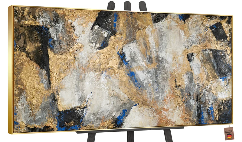 Handgemaltes Acrylbild mit Rahmen Goldener Kontrast Abstrakte Kunst mit Goldakzenten