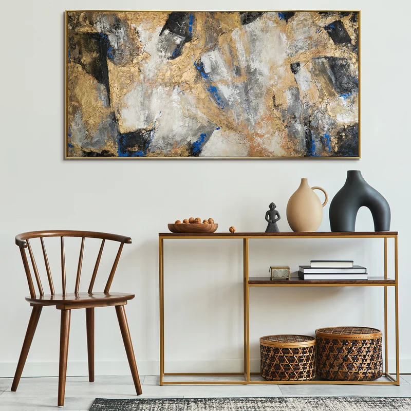 Handgemaltes Acrylbild mit Rahmen Goldener Kontrast Abstrakte Kunst mit Goldakzenten