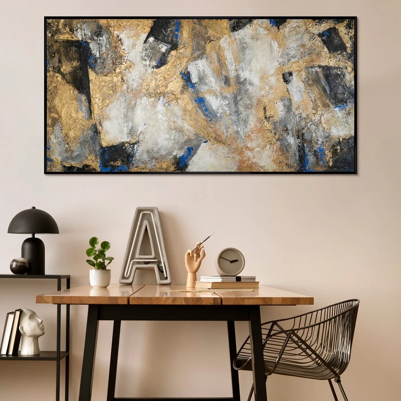 Handgemaltes Acrylbild mit Rahmen Goldener Kontrast Abstrakte Kunst mit Goldakzenten