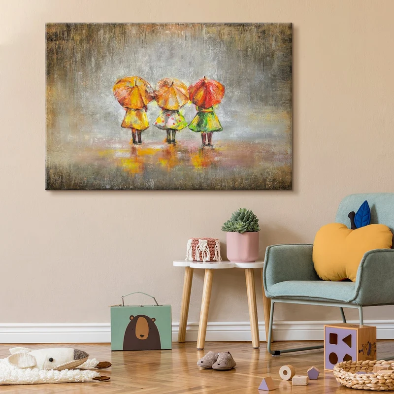 Abstrakte Acrylmalerei auf Leinwand - Drei Menschen mit Regenschirmen im Regen
