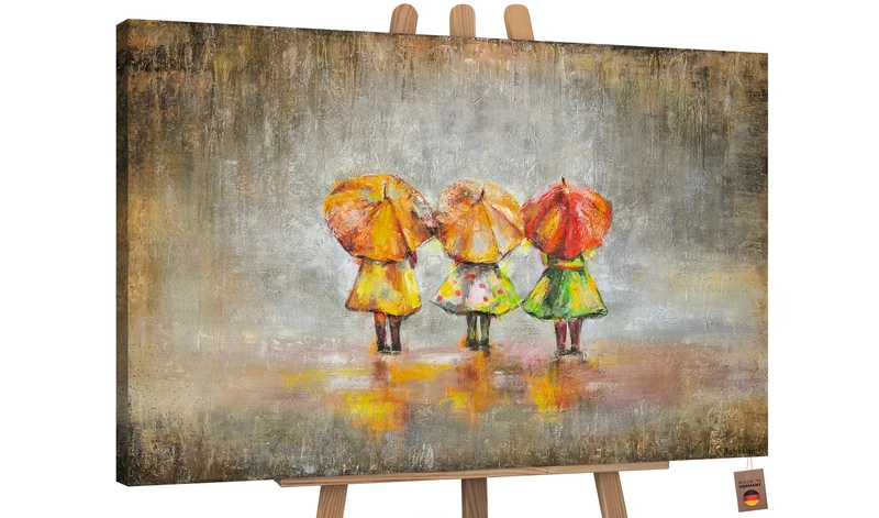 Abstrakte Acrylmalerei auf Leinwand - Drei Menschen mit Regenschirmen im Regen