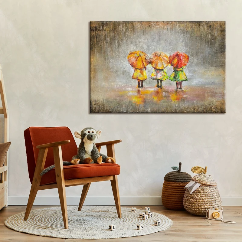 Abstrakte Acrylmalerei auf Leinwand - Drei Menschen mit Regenschirmen im Regen
