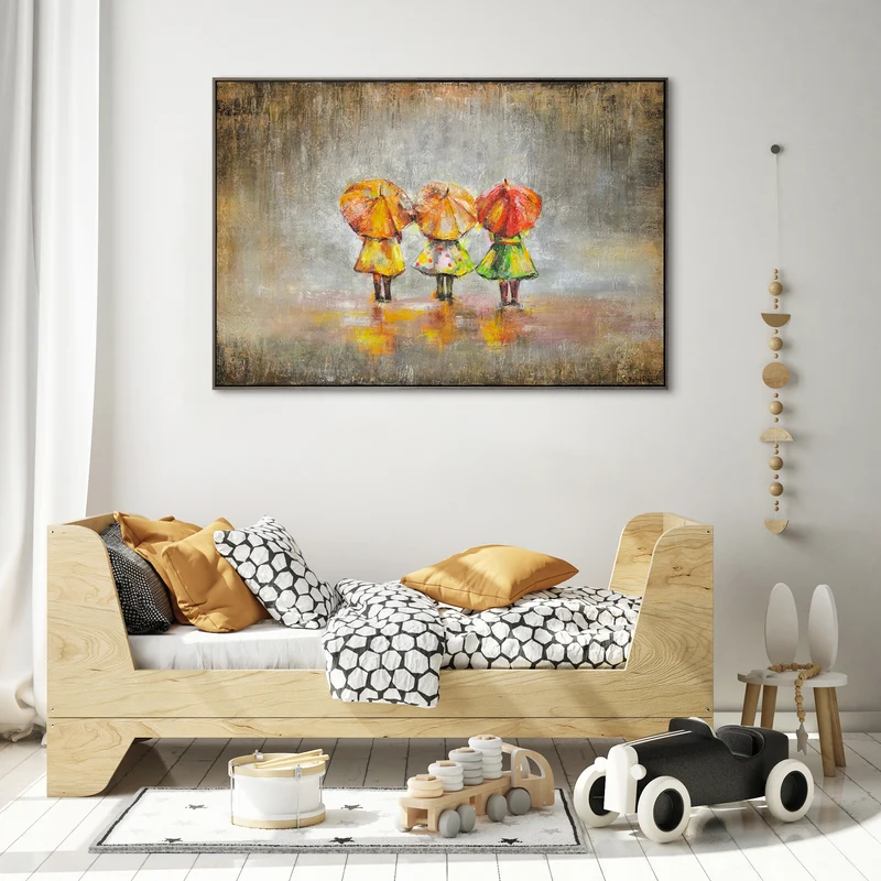 Abstrakte Acrylmalerei auf Leinwand - Drei Menschen mit Regenschirmen im Regen