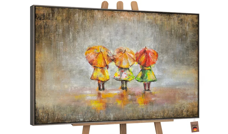 Abstrakte Acrylmalerei auf Leinwand - Drei Menschen mit Regenschirmen im Regen