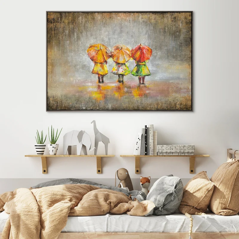 Abstrakte Acrylmalerei auf Leinwand - Drei Menschen mit Regenschirmen im Regen