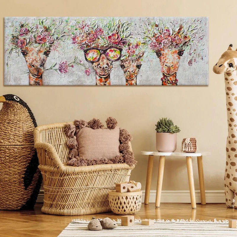 Acrylbilder Tiere – Moderne Kunstwerke auf Leinwand, Handgemalte Giraffen mit Blumenkränzen