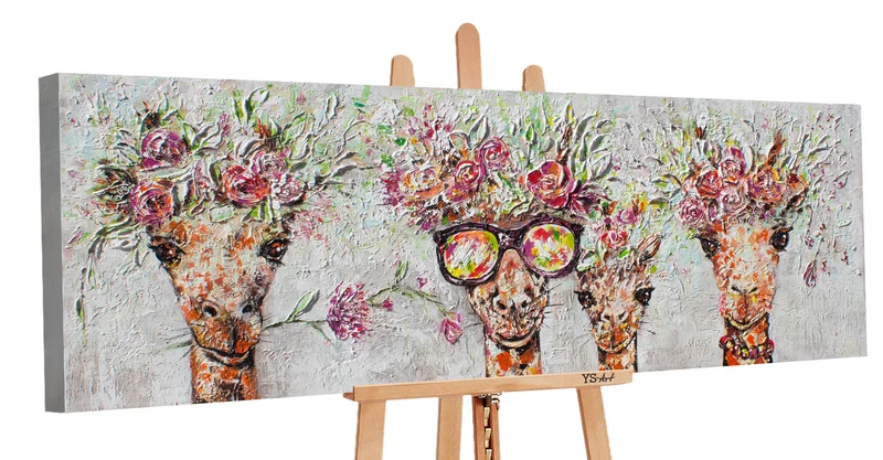 Acrylbilder Tiere – Moderne Kunstwerke auf Leinwand, Handgemalte Giraffen mit Blumenkränzen