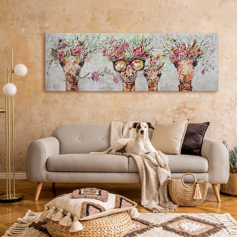 Acrylbilder Tiere – Moderne Kunstwerke auf Leinwand, Handgemalte Giraffen mit Blumenkränzen