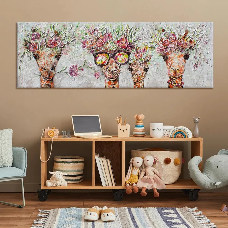 Acrylbilder Tiere – Moderne Kunstwerke auf Leinwand, Handgemalte Giraffen mit Blumenkränzen