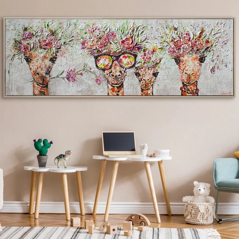Acrylbilder Tiere – Moderne Kunstwerke auf Leinwand, Handgemalte Giraffen mit Blumenkränzen