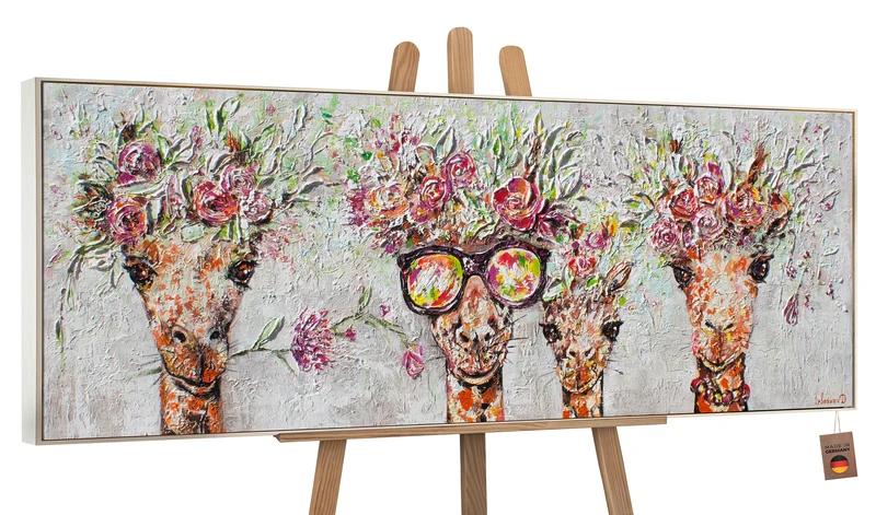 Acrylbilder Tiere – Moderne Kunstwerke auf Leinwand, Handgemalte Giraffen mit Blumenkränzen