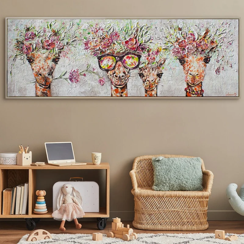 Acrylbilder Tiere – Moderne Kunstwerke auf Leinwand, Handgemalte Giraffen mit Blumenkränzen