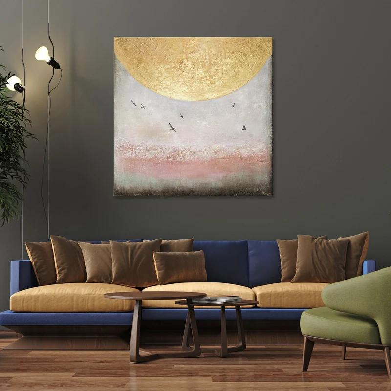 Abstrakte Kunst Gemälde – Handgemaltes Leinwandbild mit Goldakzent