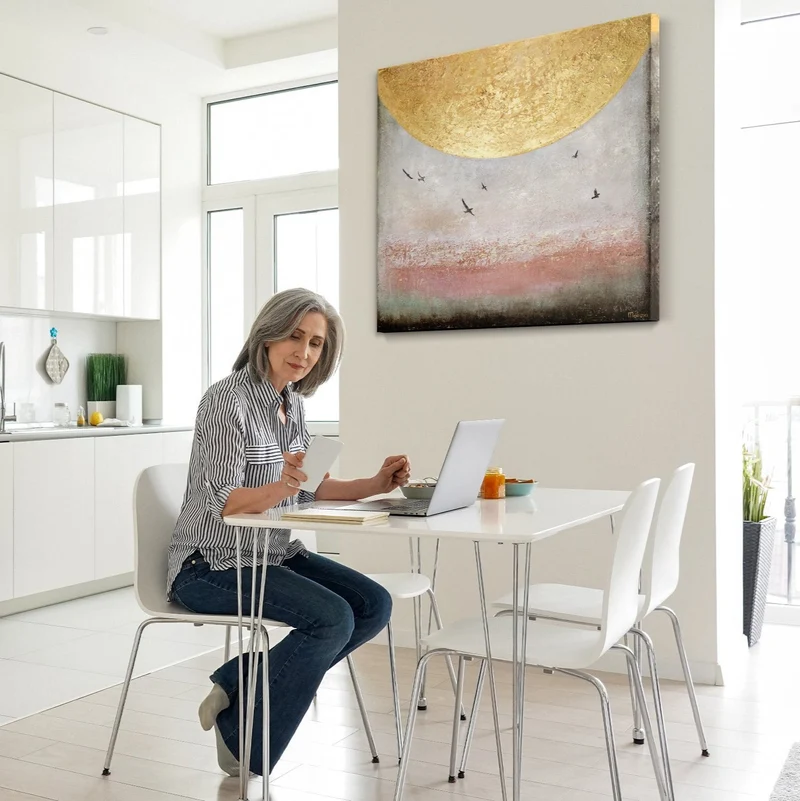 Abstrakte Kunst Gemälde – Handgemaltes Leinwandbild mit Goldakzent