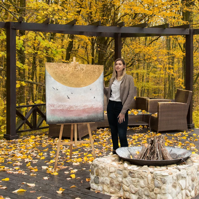 Abstrakte Kunst Gemälde – Handgemaltes Leinwandbild mit Goldakzent