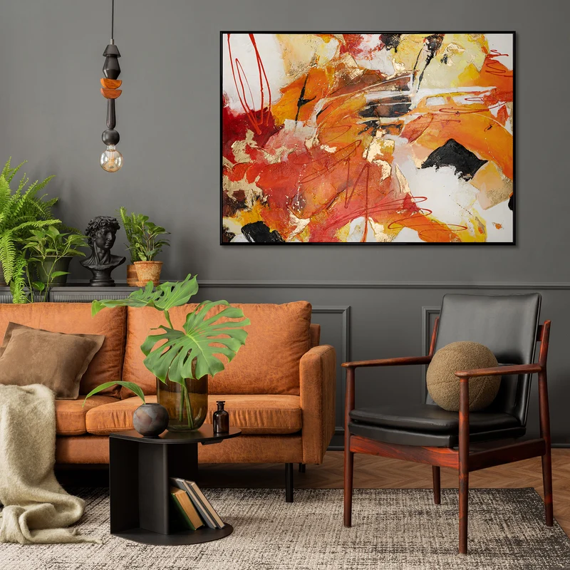 Moderne Kunst Bilder "Orangene Explosion" Acrylbild auf Leinwand mit Rahmen