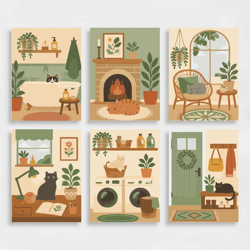 Cozy Cats in Cottagecore Home - Mini Paint by Numbers Set