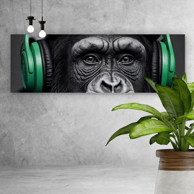 Aluminiumbild Modernes Affenporträt mit Kopfhörern Panorama