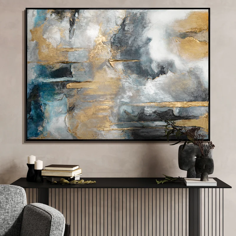 Abstrakte Kunst "Goldene Konsonanzen" mit Rahmen Bild Wohnzimmer