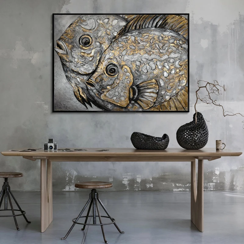 Handgemalte Fisch Acrylgemälde mit Rahmen "Magische Fische" Strukturierte Wandkunst