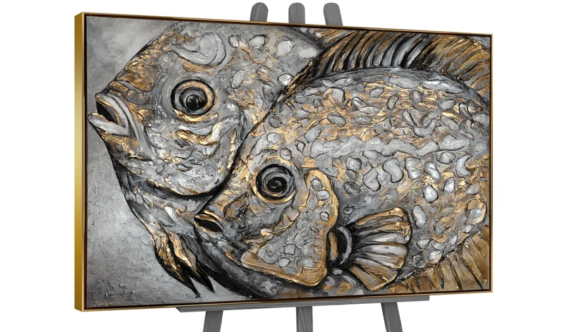 Handgemalte Fisch Acrylgemälde mit Rahmen "Magische Fische" Strukturierte Wandkunst