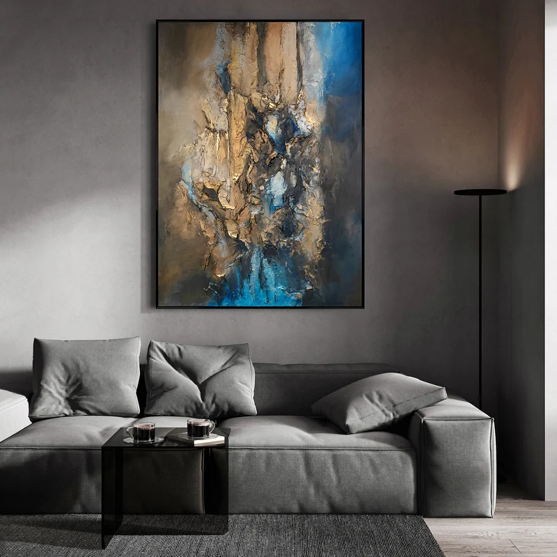 Modern Abstrakte Kunst mit Rahmen "Elegante Abstraktion" Handgemaltes Gemälde mit Goldakzenten