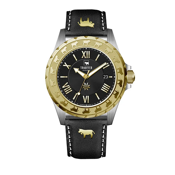 3 Zeiger Uni Schwarz Gold Schwarz 43mm