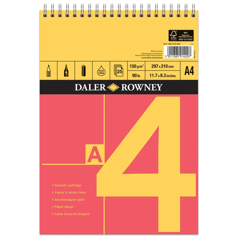 Daler Rowney - Red & Yellow Spiral Cartridge Sketch Pad - A4 - 150gsm