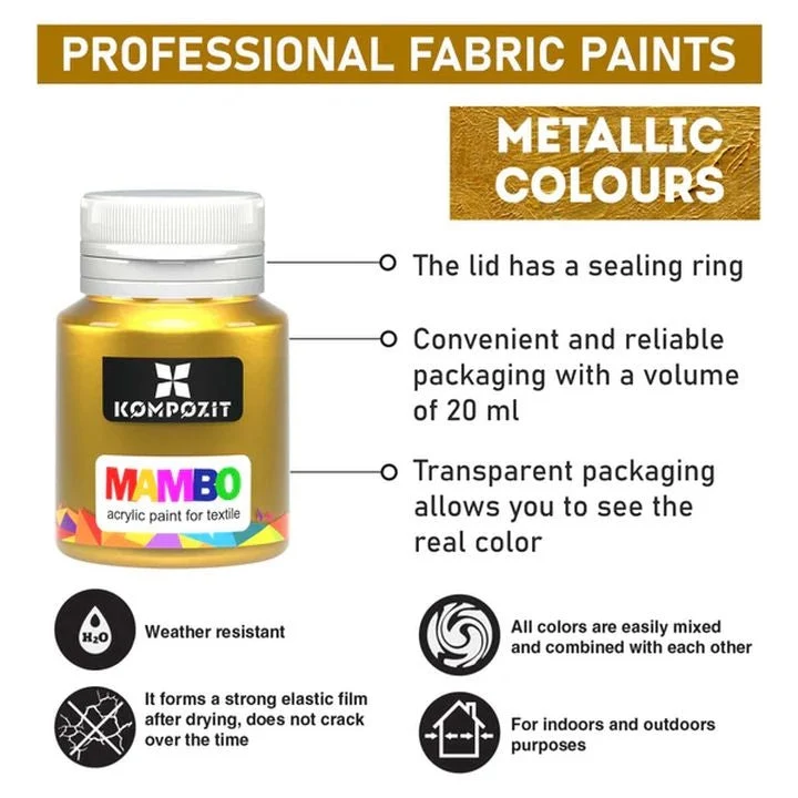 MAMBO Kompozit Metallic Fabric and Leather Paint Set, 6x20 ml