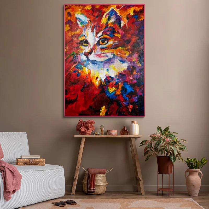 Handgemalte Katze Acrylbilder im Rahmen "Abstrakter Kater" Texturierte Wandkunst