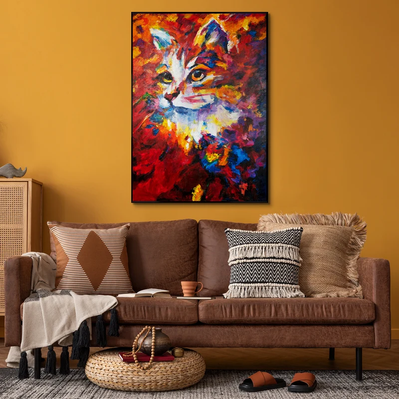 Handgemalte Katze Acrylbilder im Rahmen "Abstrakter Kater" Texturierte Wandkunst
