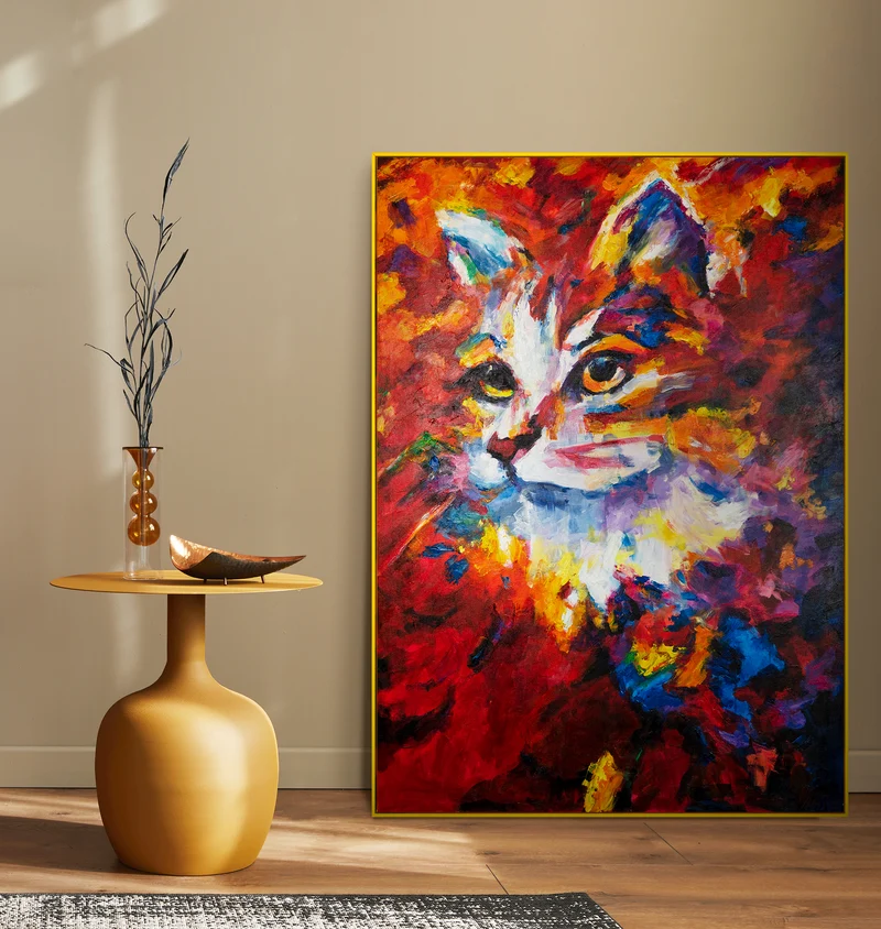 Handgemalte Katze Acrylbilder im Rahmen "Abstrakter Kater" Texturierte Wandkunst