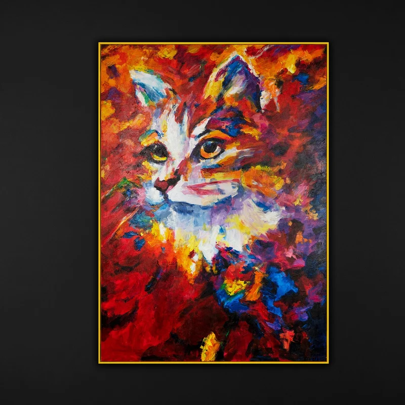 Handgemalte Katze Acrylbilder im Rahmen "Abstrakter Kater" Texturierte Wandkunst