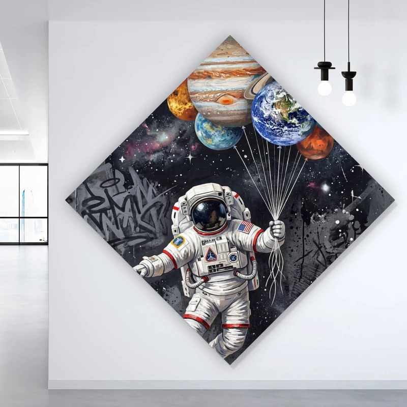 Acrylglasbild Astronaut mit Planeten Ballons Raute