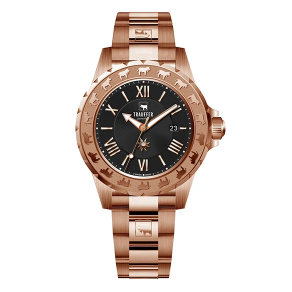 3 Zeiger Stahl Rosegold Schwarz 34mm