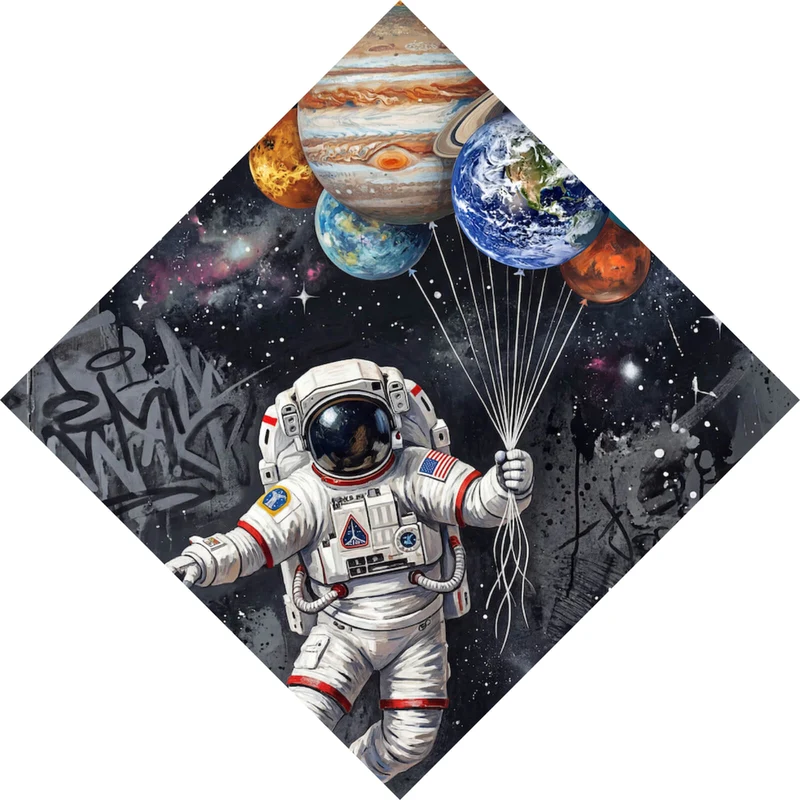 Poster Astronaut mit Planeten Ballons Raute