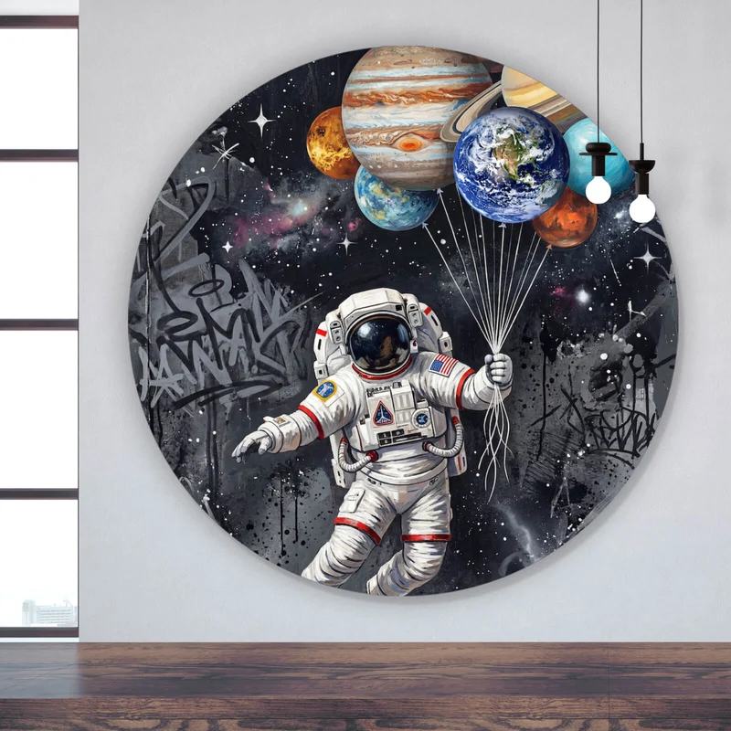 Aluminiumbild gebürstet Astronaut mit Planeten Ballons Kreis