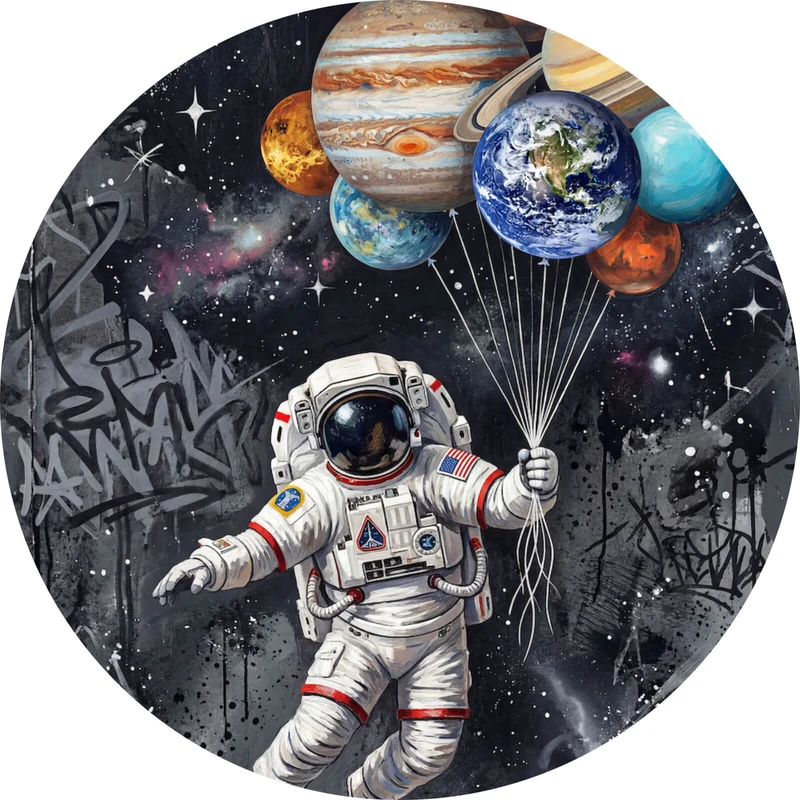 Aluminiumbild Astronaut mit Planeten Ballons Kreis
