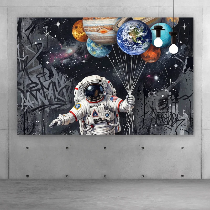 Aluminiumbild gebürstet Astronaut mit Planeten Ballons Querformat