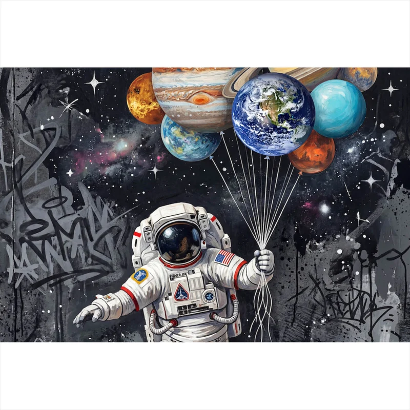 Aluminiumbild Astronaut mit Planeten Ballons Querformat