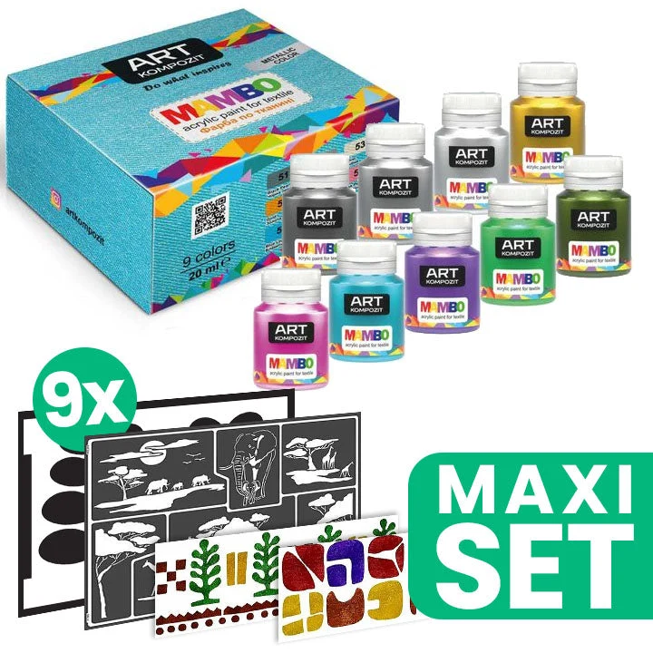 MAMBO Metallic Fabric Paint Set + 9 Stencils for Painting an ETHNO Motif
