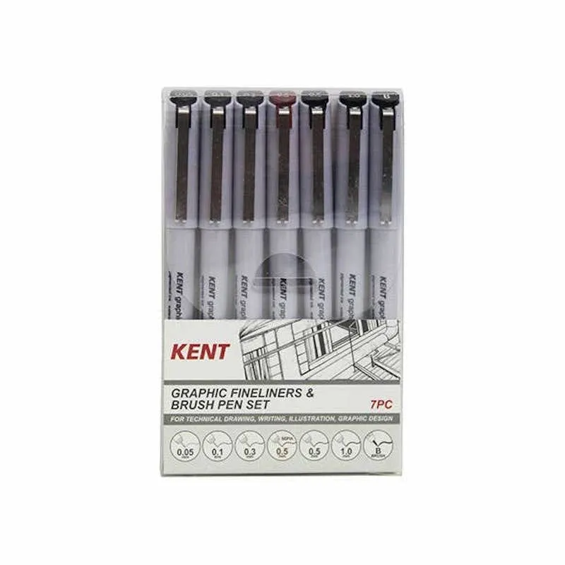 Kent Graphic Fineliner & Brush Pen Set of 7