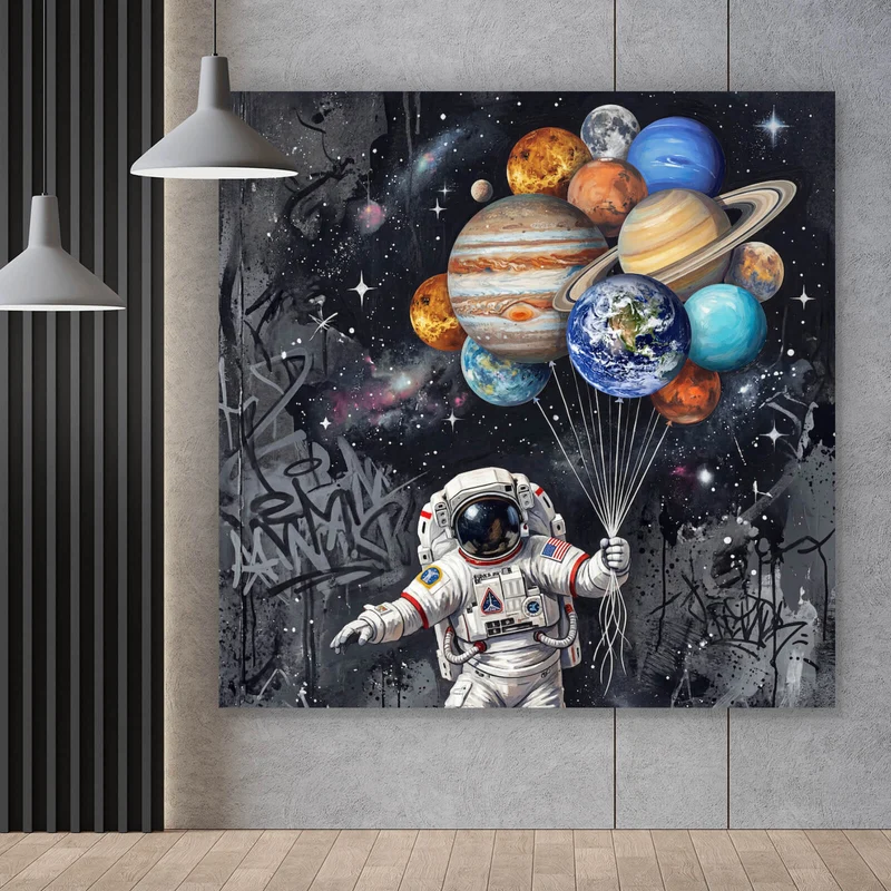Spannrahmenbild Astronaut mit Planeten Ballons Quadrat
