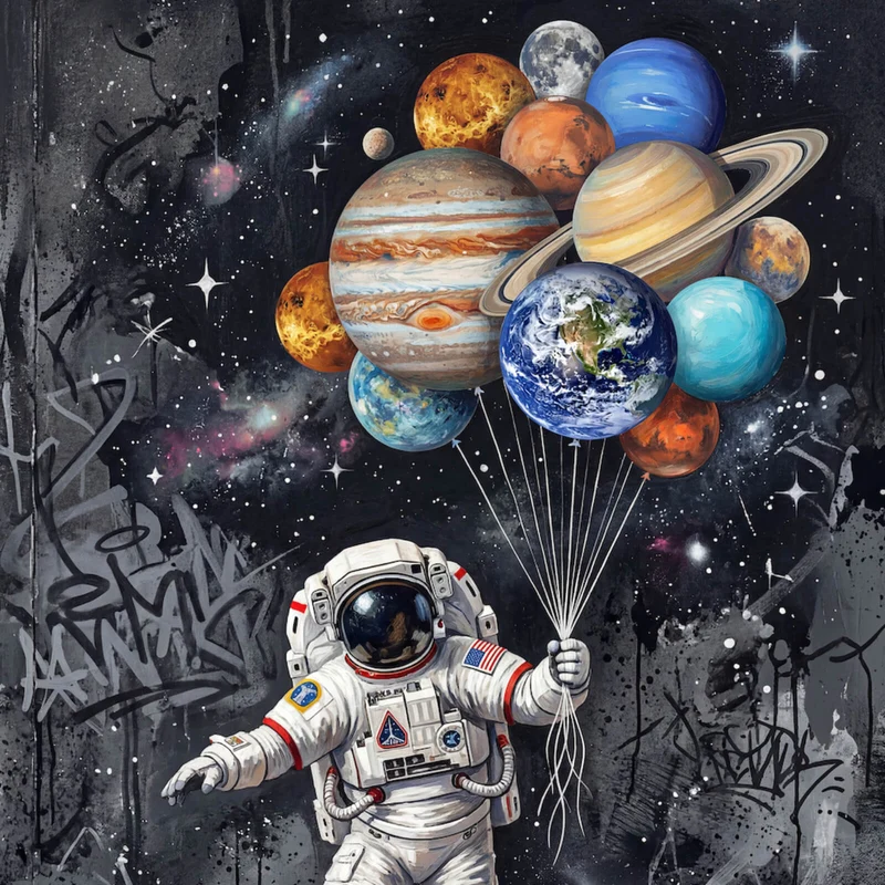 Acrylglasbild Astronaut mit Planeten Ballons Quadrat