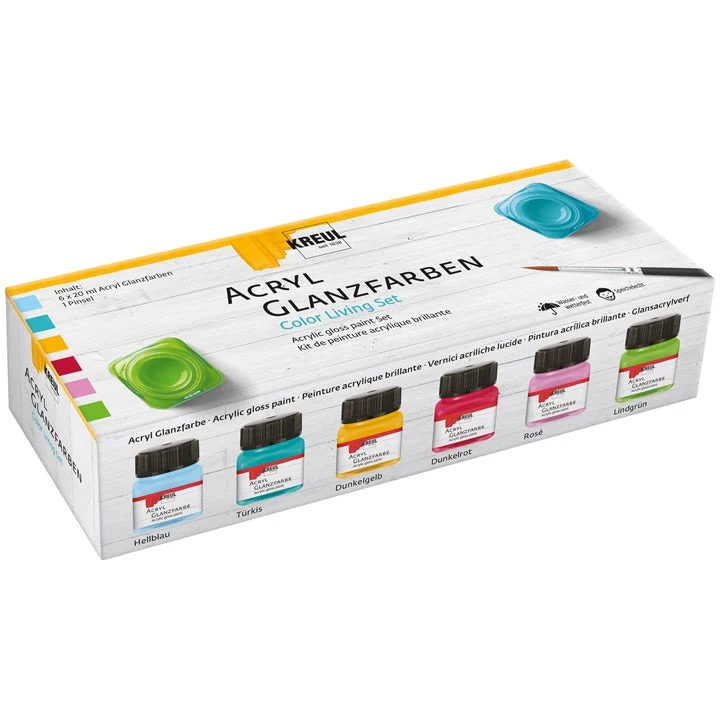 KREUL Gloss Acrylic Paint Set, 6 x 20 ml + Brush
