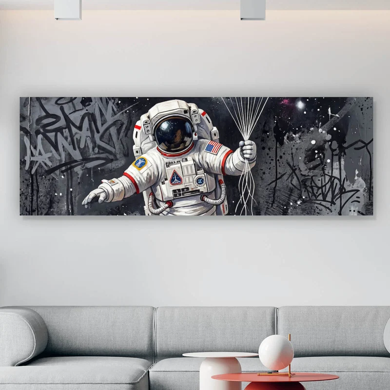 Acrylglasbild Astronaut mit Planeten Ballons Panorama