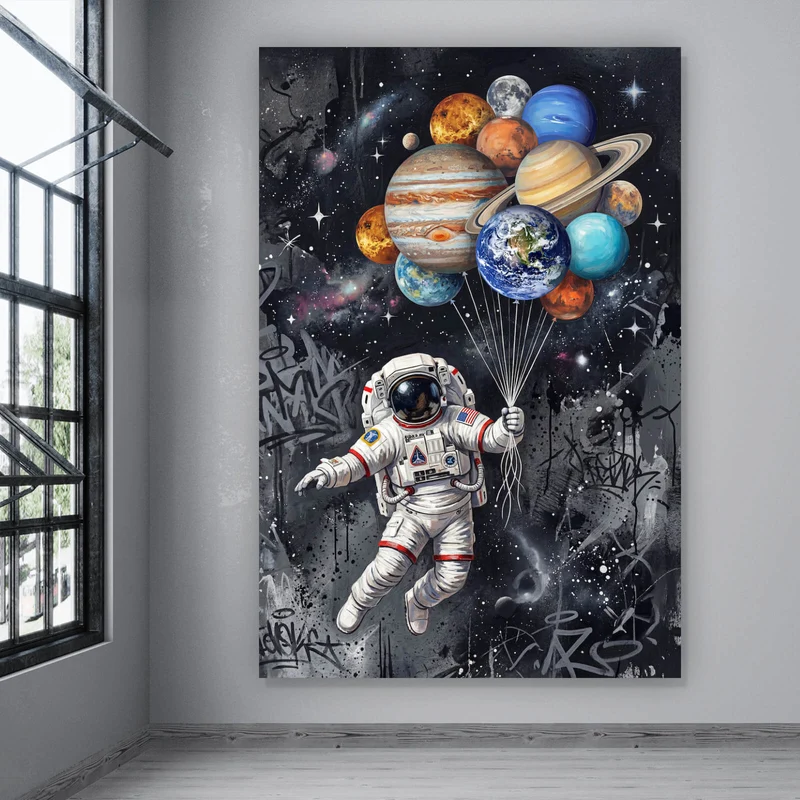 Poster Astronaut mit Planeten Ballons Hochformat